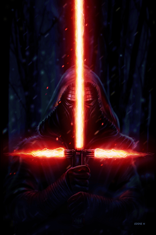 cape darksider_(star_wars) eddie_holly energy_sword forest gloves hood kylo_ren lightsaber looking_at_viewer male_focus mask nature night realistic science_fiction signature sith snowing solo spoilers star_wars star_wars:_the_force_awakens starkiller_base sword torn_clothes tree weapon