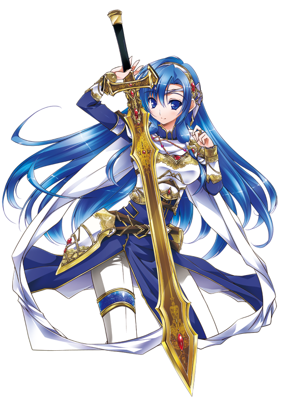 armor asio_(asiogimuto) blue_eyes blue_hair cape long_hair official_art sasha_(sen_no_maken) sen_no_maken_to_tate_no_otome solo sword weapon