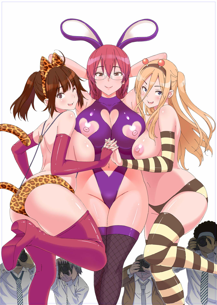 3girls areolae arms_behind_head arms_up back blonde_hair breast_press breasts brown_hair curvy glasses huge_breasts large_breasts long_hair looking_at_viewer multiple_girls navel nipples original sanagi_torajirou shiny_skin short_hair smile standing thick_thighs thighhighs thighs wide_hips