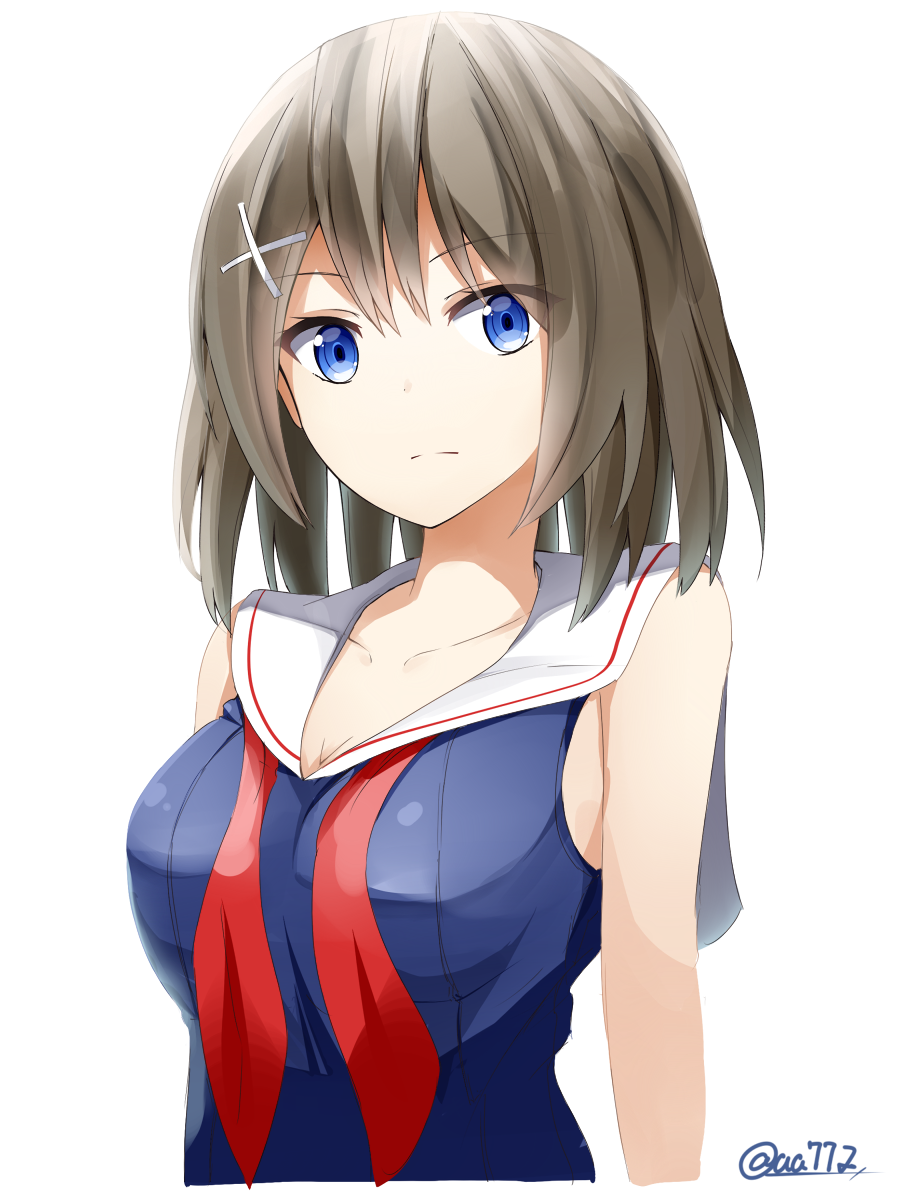 aa_(sin2324) backlighting blue_eyes breasts brown_hair collarbone hair_ornament hairclip highres kantai_collection looking_at_viewer maya_(kantai_collection) medium_breasts neckerchief school_uniform serafuku short_hair simple_background sleeveless solo twitter_username undone_neckerchief untied upper_body white_background