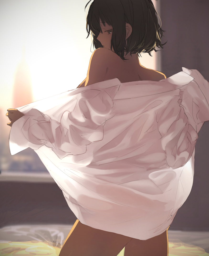 bare_shoulders black_eyes black_hair looking_at_viewer looking_back naked_shirt open_clothes open_shirt original shirt short_hair solo suiso_(owp)