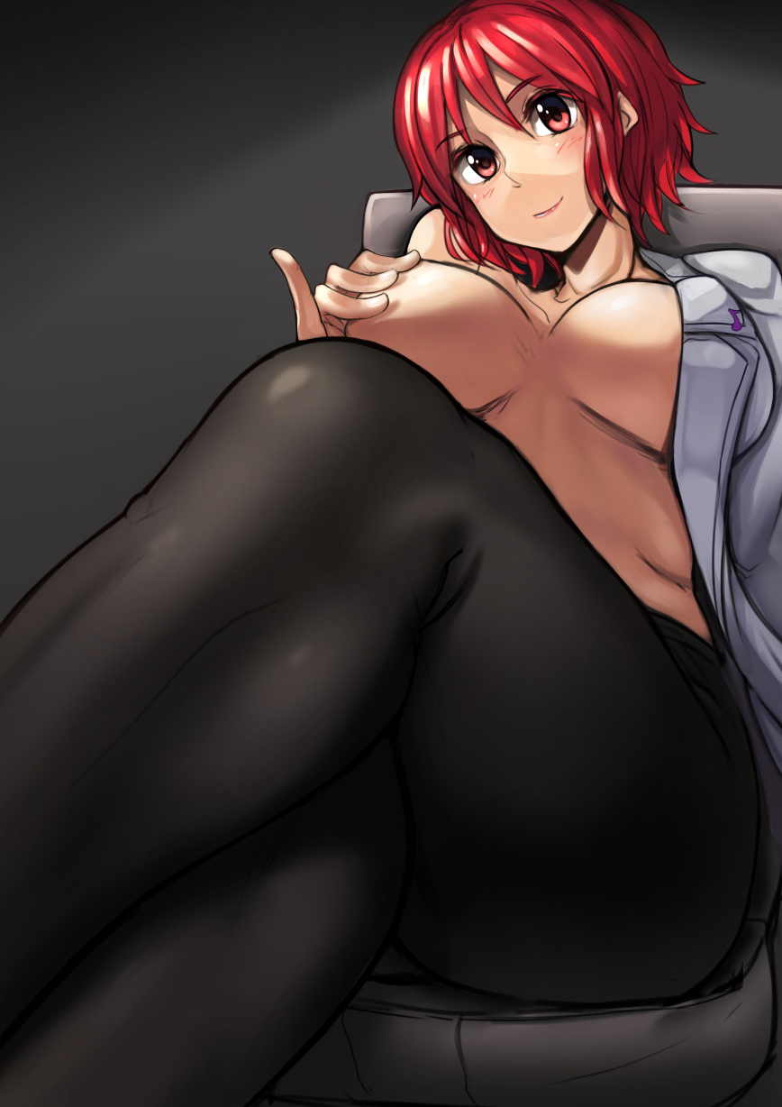 ayakumo black_legwear blazer breasts chair covering_nipples crossed_legs highres horikawa_raiko jacket large_breasts long_sleeves looking_at_viewer midriff no_pants no_shirt open_blazer open_clothes open_jacket pantyhose red_eyes red_hair revision sitting smile solo touhou