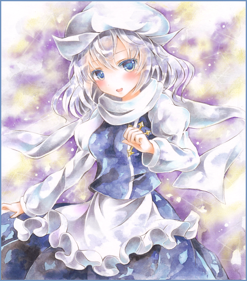 apron blue_eyes blush border brooch colored_pencil_(medium) gradient gradient_background hand_up hat jewelry juliet_sleeves letty_whiterock long_sleeves looking_at_viewer marker_(medium) open_mouth potto puffy_sleeves scarf short_hair silver_hair skirt skirt_set solo touhou traditional_media waist_apron watercolor_(medium) white_scarf