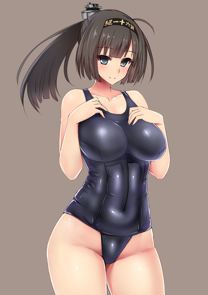 akizuki_(kantai_collection) blue_eyes breasts brown_hair ishimiso_(ishimura) kantai_collection large_breasts long_hair one-piece_swimsuit ponytail school_swimsuit solo swimsuit