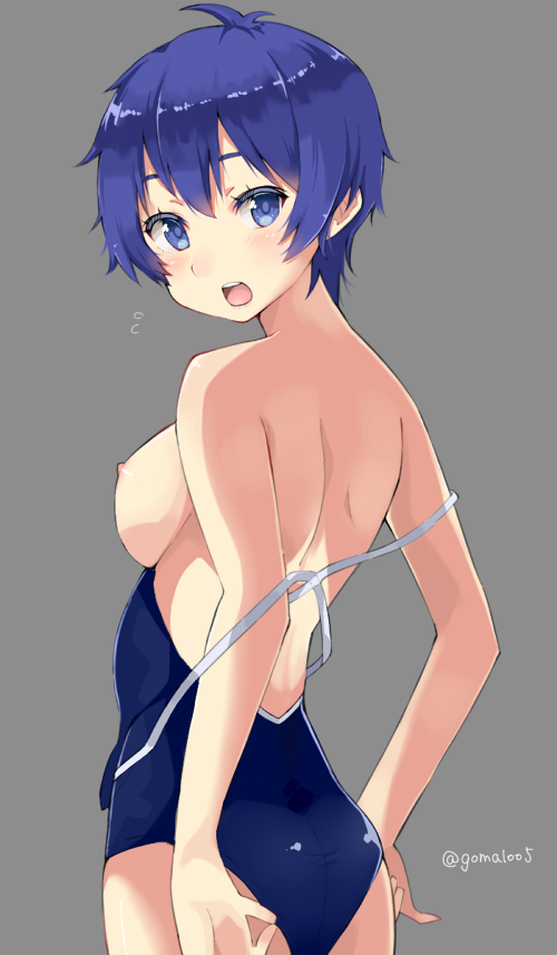 :o adjusting_clothes adjusting_swimsuit ass bad_id bad_twitter_id blue_eyes blue_hair breasts competition_school_swimsuit gomashi_(goma) kamishiro_sui looking_at_viewer medium_breasts nipples one-piece_swimsuit school_swimsuit short_hair simple_background solo strap_slip swimsuit swimsuit_pull tokyo_7th_sisters twitter_username