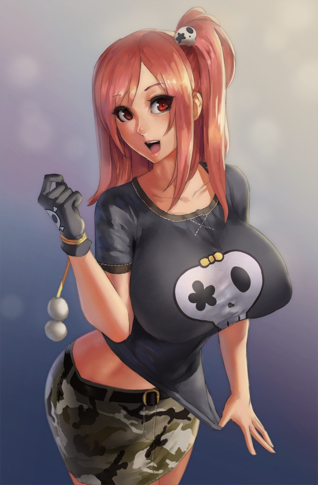 breasts dead_or_alive dead_or_alive_5 downscaled eu03 gloves hair_ornament honoka_(doa) huge_breasts long_hair looking_at_viewer md5_mismatch one_side_up open_mouth red_eyes red_hair resized simple_background skirt skull skull_and_crossbones smile solo