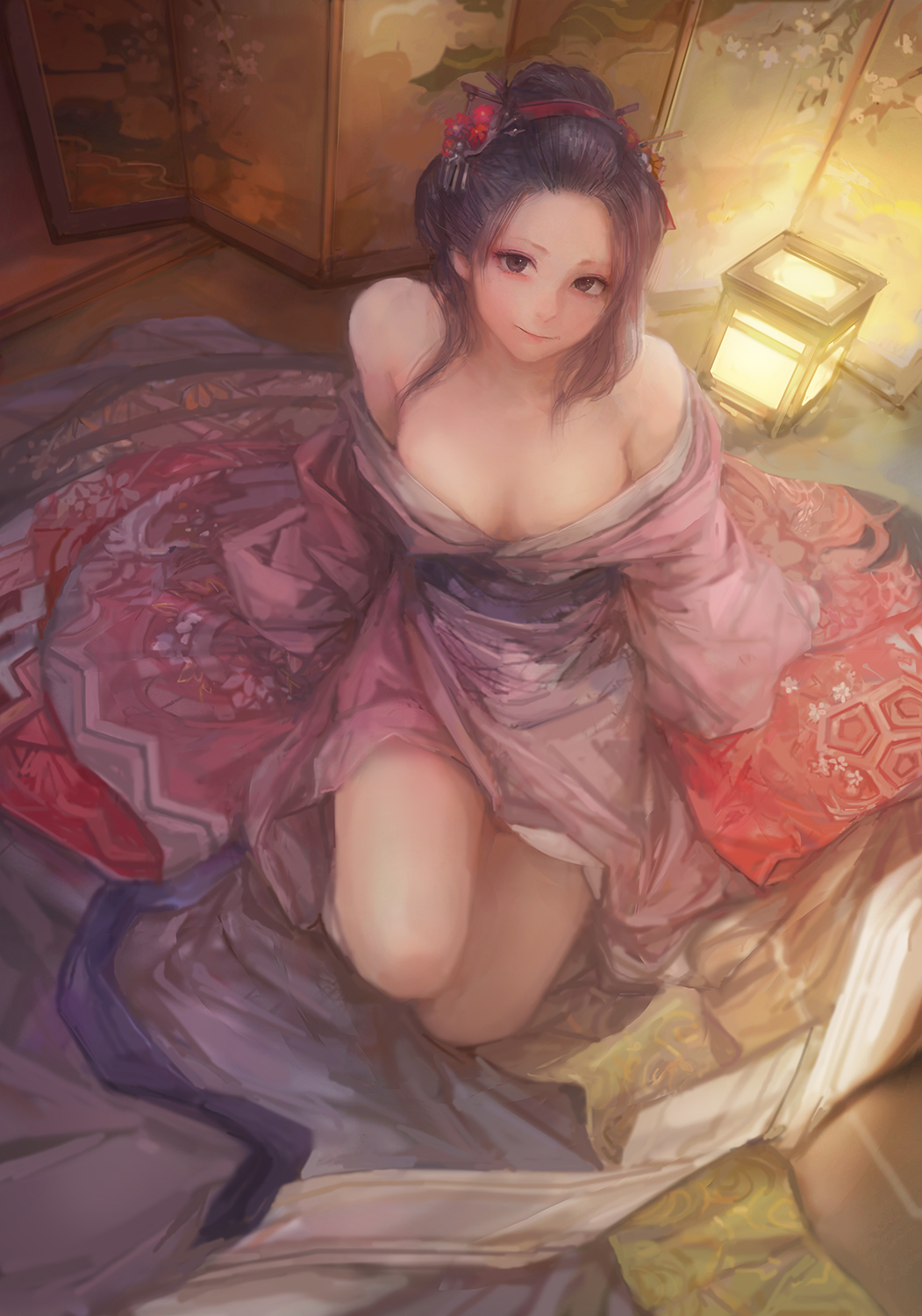 bare_shoulders black_eyes black_hair breasts cleavage hair_ornament highres japanese_clothes large_breasts light_smile looking_at_viewer miche no_bra open_clothes original solo thighs