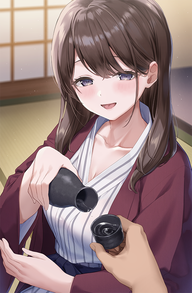 1girl alcohol blue_eyes blush bottle brown_hair collarbone cup hair_between_eyes holding holding_bottle holding_cup indoors japanese_clothes kimono long_hair looking_at_viewer masuishi_kinoto open_mouth original pouring pov pov_hands sake smile solo_focus striped striped_kimono vertical-striped_kimono vertical_stripes wide_sleeves yukata