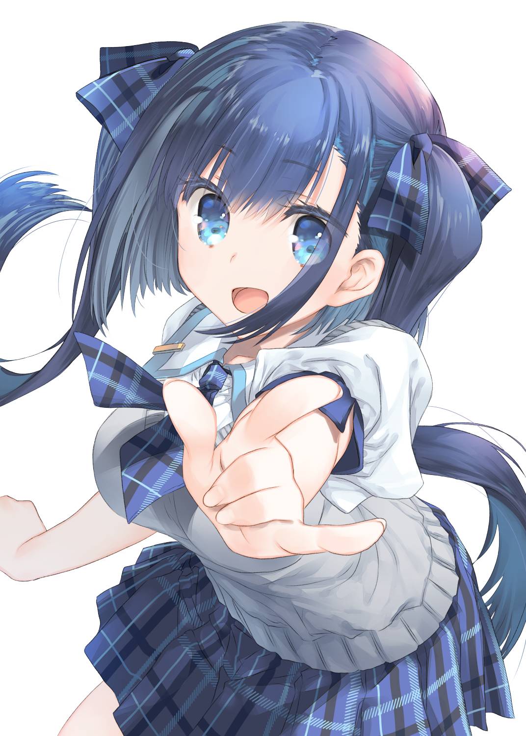 16bit_sensation 1girl :d \m/ blue_eyes blue_hair blue_skirt bow bowtie collar collared_shirt commentary_request grey_vest hair_bow highres long_hair looking_at_viewer mitsumi_misato official_art open_mouth plaid plaid_bow plaid_bowtie plaid_skirt shirt skirt smile solo twintails vest white_background white_shirt yamada_touya