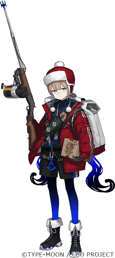 1other aqua_eyes astg backpack bag black_footwear black_hair black_shorts blue_hair boots box brown_hair captain_nemo_(fate) fate/grand_order fate_(series) fur-trimmed_headwear fur_trim hat holding holding_weapon jacket long_hair multicolored_hair nemo_(fate) nemo_(santa)_(fate) official_art pantyhose pom_pom_(clothes) shorts solo twintails very_long_hair weapon