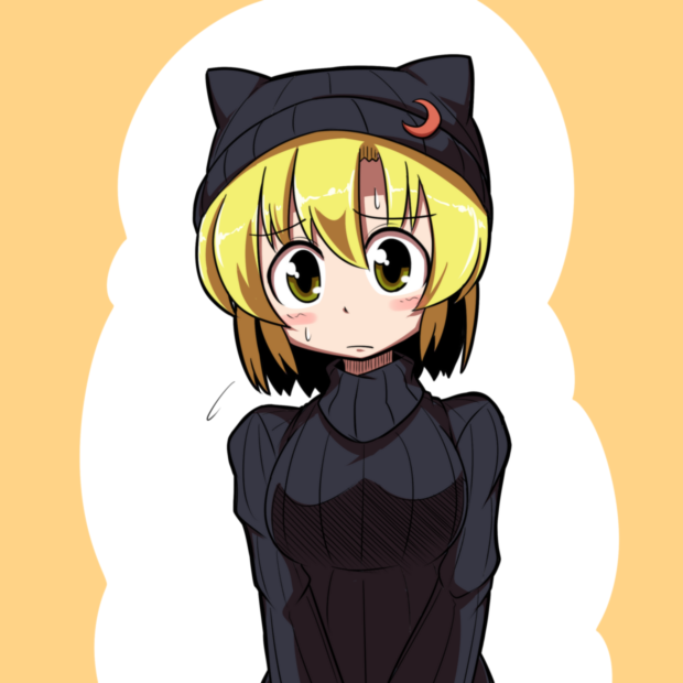 animal_hat blonde_hair blush cat_hat flying_sweatdrops hat lunasa_prismriver midori_niku solo sweatdrop touhou yellow_eyes