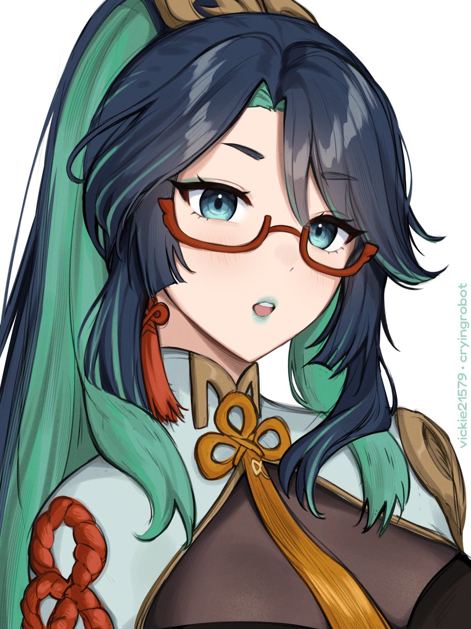 1girl :o blue_eyes blue_hair cloud_retainer_(genshin_impact) colored_inner_hair commentary commentary_request eyeshadow genshin_impact glasses green_hair green_lips highres long_hair looking_at_viewer makeup multicolored_hair open_mouth ponytail red-framed_eyewear simple_background solo upper_body very_long_hair vickie_(cryingrobot) white_background xianyun_(genshin_impact)
