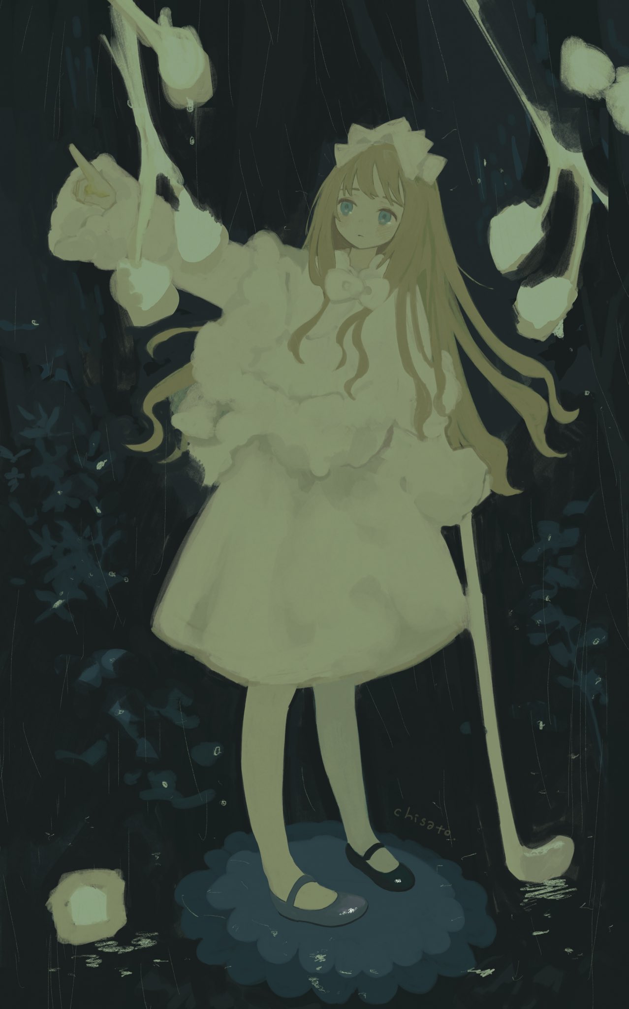 1girl abstract_background artist_name blue_eyes blue_footwear blush bow bowtie branch chisato_charme closed_mouth dark_background dress full_body fur-trimmed_dress fur_trim golf_club hair_bow highres holding holding_golf_club long_hair long_sleeves looking_to_the_side mary_janes original plant pointing pointing_up rain shoes solo standing white_bow white_bowtie white_dress