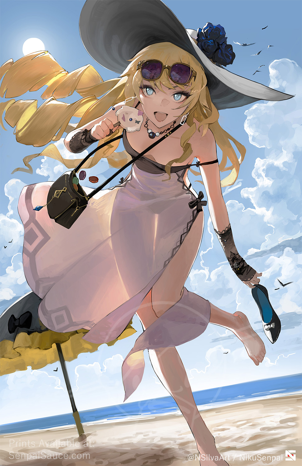 1girl alternate_costume bag beach beach_umbrella bird black_dress blonde_hair blue_eyes blue_sky cloud day dress drill_hair drill_sidelocks eyewear_on_head floating_hair flower foot_out_of_frame genshin_impact hand_fan hat hat_flower highres holding holding_fan horizon jewelry lace_sleeves leaning_forward leg_up long_skirt looking_at_viewer navia_(genshin_impact) necklace nikusenpai off_shoulder seagull see-through_silhouette shoes shoulder_bag sidelocks skirt sky solo standing standing_on_one_leg sun sun_hat sunglasses twitter_username two-tone_dress umbrella unworn_shoes white_dress