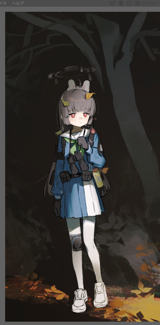 1girl animal_ears art_program_in_frame astg binoculars black_gloves black_hair blue_archive blunt_bangs closed_mouth fake_animal_ears full_body gloves green_neckerchief halo knee_pads leaf leaf_on_head long_hair long_sleeves miyu_(blue_archive) neckerchief pantyhose pleated_skirt red_eyes sailor_collar school_uniform serafuku shoes single_knee_pad skirt solo standing tree white_pantyhose white_sailor_collar