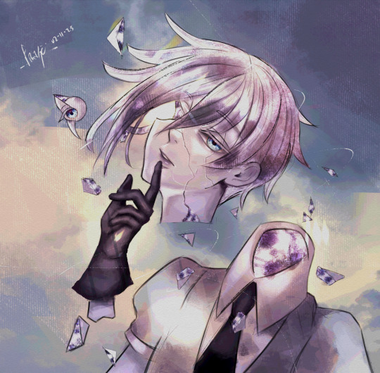 1other amputee androgynous antarcticite black_gloves blue_eyes cloud cloudy_sky collared_shirt crystal_hair eyeball finger_to_mouth fragoletta gem_uniform_(houseki_no_kuni) gloves houseki_no_kuni looking_at_viewer necktie one-eyed other_focus puffy_sleeves severed_arm severed_head severed_limb shards shirt shushing sky solo solo_focus swept_bangs white_shirt