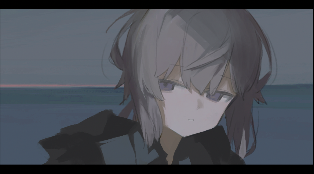 1girl astg black_shirt collared_shirt girls'_frontline grey_hair hair_between_eyes half-closed_eyes horizon jacket letterboxed looking_at_viewer m200_(girls'_frontline) open_clothes open_jacket outdoors parted_lips ponytail portrait purple_eyes shirt solo