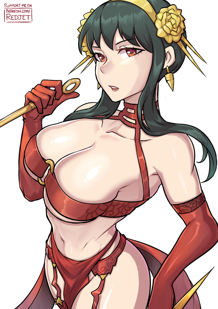 1girl black_hair breasts cleavage dagger earrings elbow_gloves gloves gold_earrings gold_hairband hairband holding holding_dagger holding_knife holding_weapon jewelry knife large_breasts navel o-ring o-ring_top pelvic_curtain red_eyes red_gloves redjet solo spy_x_family stiletto_(weapon) weapon yor_briar