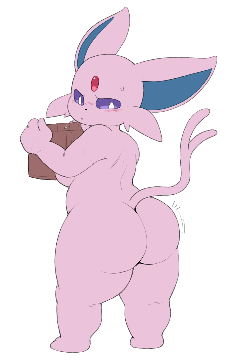 2023 anthro big_butt black_nose blush bottomwear breasts butt closed_frown clothing eeveelution espeon female forehead_gem fur generation_2_pokemon head_tuft hi_res holding_bottomwear holding_clothing holding_object holding_skirt it'll_never_fit long_ears long_tail looking_at_butt looking_at_own_butt looking_back looking_down nintendo nude pink_body pink_fur pokemon pokemon_(species) pupils purple_eyes purple_sclera pururing rear_view short_stack simple_background skirt solo standing tail thick_thighs tuft uncertain white_background white_pupils wide_hips worried worried_look