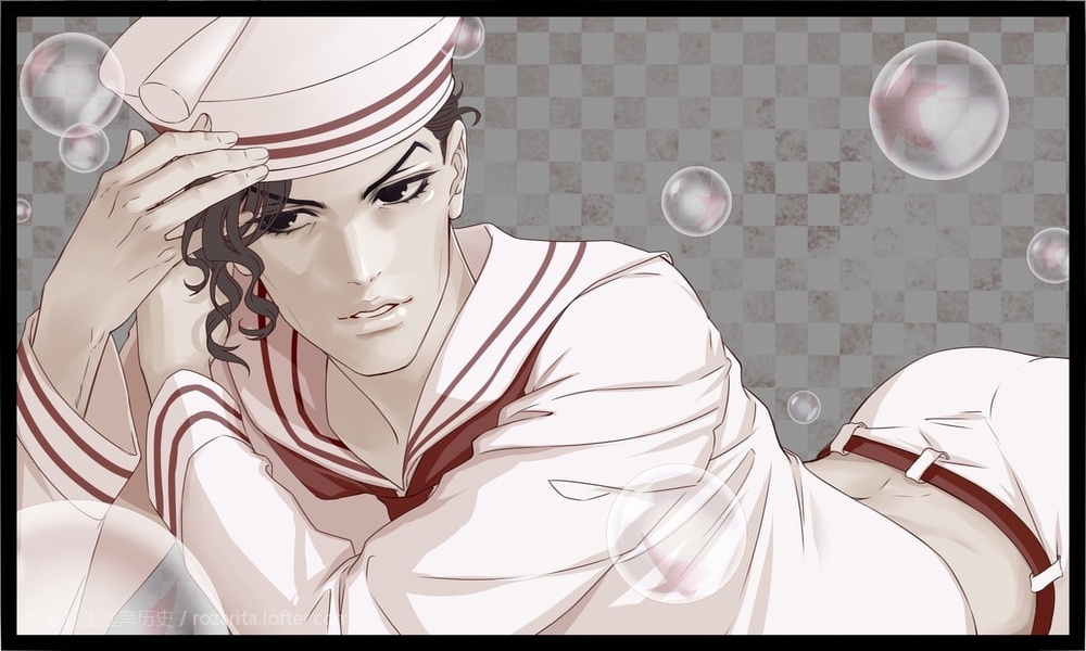 bad_id bad_pixiv_id black_eyes black_hair bubble hat jojo_no_kimyou_na_bouken jojolion kira_yoshikage_(jojolion) male_focus midriff rozarita sailor sailor_hat solo