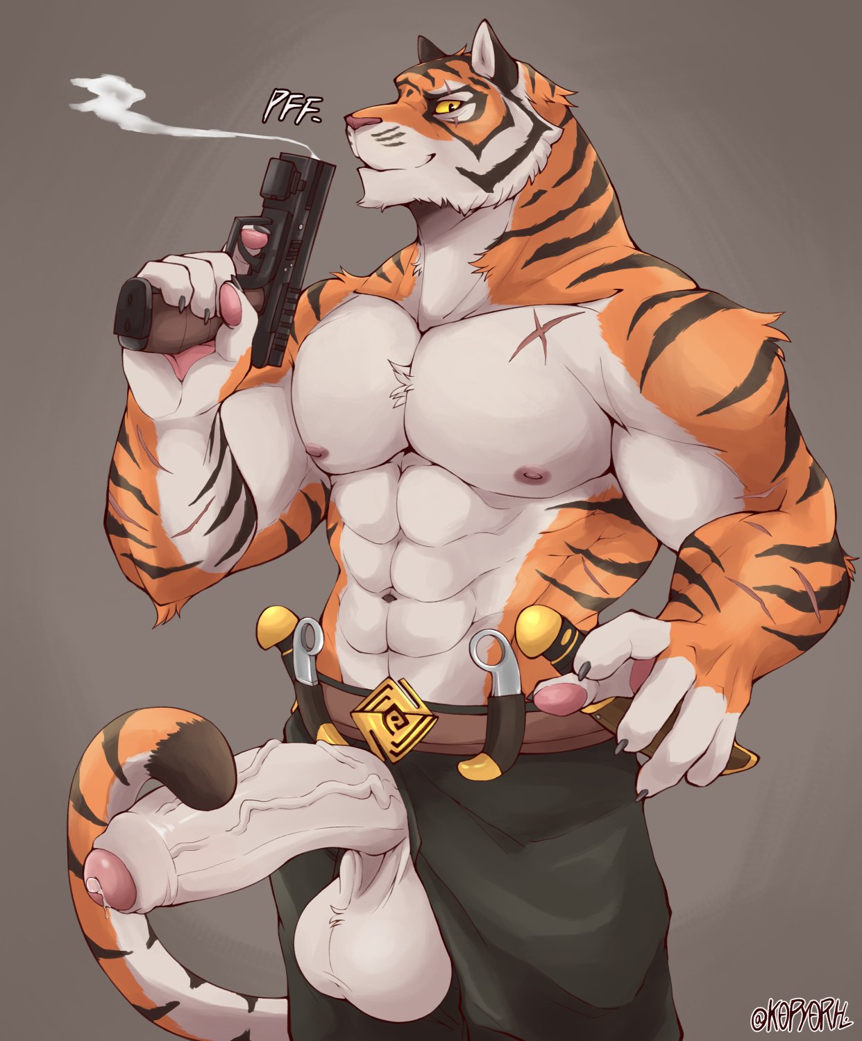 2023 abs anthro balls barazoku belt biceps big_balls big_muscles big_penis blade bodily_fluids bottomwear claws clothed clothing epic_games erection felid foreskin fortnite fur genital_fluids genitals grey_background gun handgun hi_res holding_gun holding_object holding_weapon humanoid_genitalia humanoid_penis knife kopyorh looking_at_viewer male mammal muscular muscular_anthro muscular_male navel nipples oscar_(fortnite) pantherine pants pecs penis pistol precum ranged_weapon scar serratus sheathed_weapon simple_background smile smoke solo standing text tiger topless topless_anthro topless_male tuft unzipped url vein weapon zipper