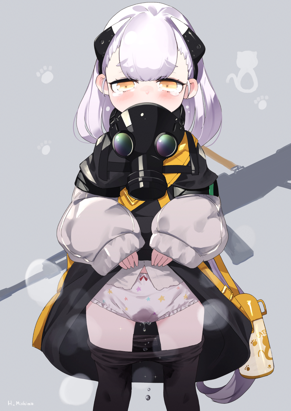 1girl aged_down ak-alfa_(cat_snatcher_beneath_the_stars)_(girls'_frontline) ak-alfa_(girls'_frontline) crying gas_mask girls'_frontline gun headgear highres mask mishima_hiroji official_alternate_costume orange_eyes pantyhose pee peeing short_hair tears weapon white_hair wide_sleeves