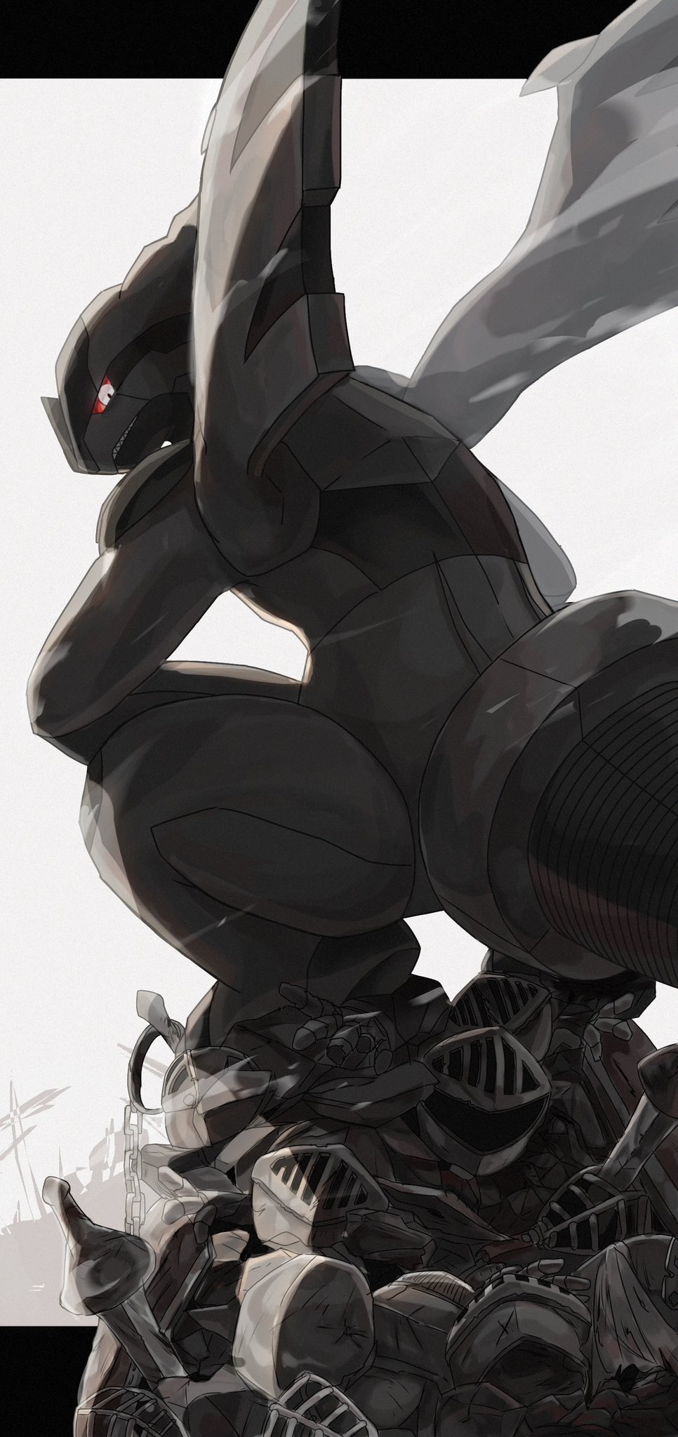 2023 ambiguous_gender armor black_body crouching generation_5_pokemon headgear helmet hi_res kaisen_taroo legendary_pokemon looking_at_viewer looking_back looking_back_at_viewer melee_weapon nintendo pile pokemon pokemon_(species) rear_view red_sclera solo sword thick_thighs weapon white_eyes wings zekrom