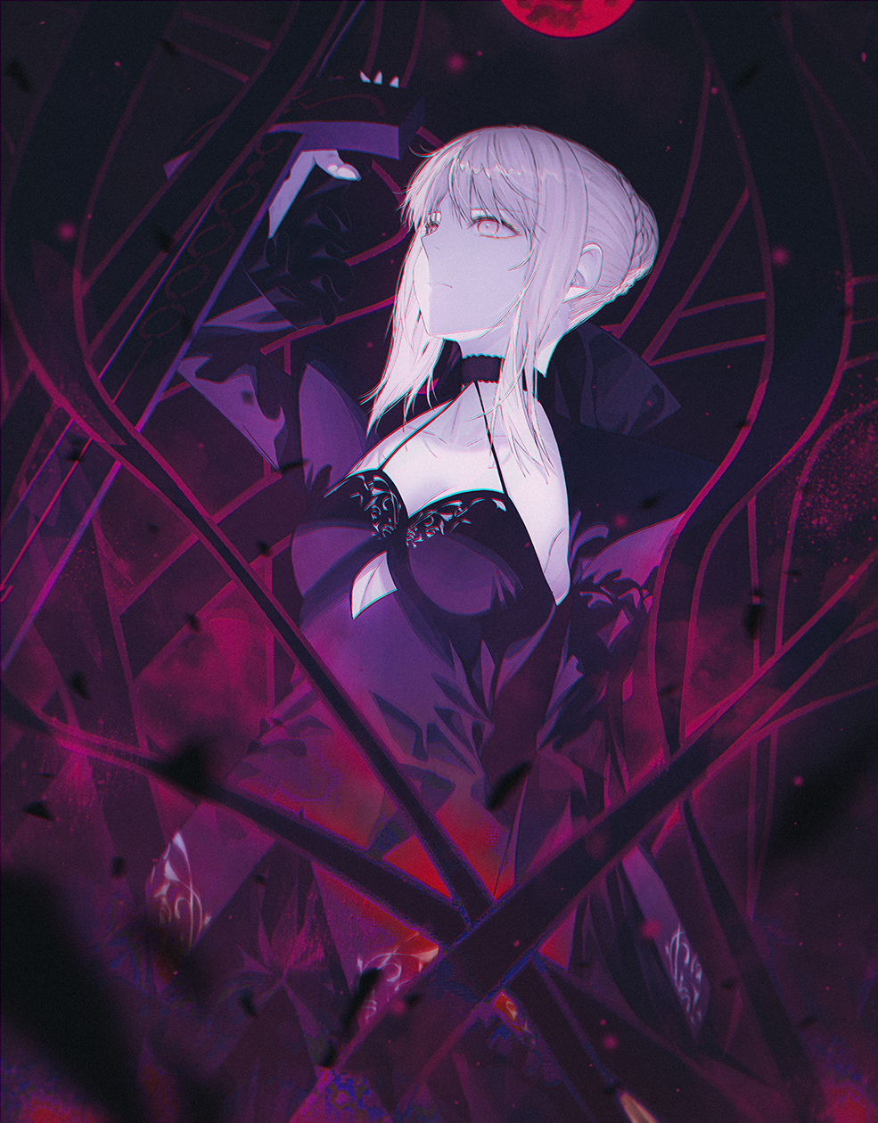1girl artoria_pendragon_(fate) black_dress blonde_hair braid breasts cleavage closed_mouth dress english_commentary excalibur_morgan_(fate) fate/grand_order fate/stay_night fate_(series) fov_ps french_braid hair_between_eyes hair_bun heaven's_feel highres saber_alter short_hair sidelocks single_hair_bun small_breasts solo sword weapon yellow_eyes