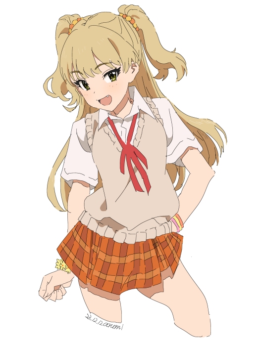 baba_arumi blonde_hair bow bowtie brown_vest checkered_clothes checkered_skirt commentary eyelashes fang green_eyes gyaru hand_on_own_hip idolmaster idolmaster_cinderella_girls jougasaki_rika long_hair looking_at_viewer open_mouth orange_skirt red_bow red_bowtie school_uniform shirt short_sleeves skirt smile thighs twintails vest white_shirt wristband