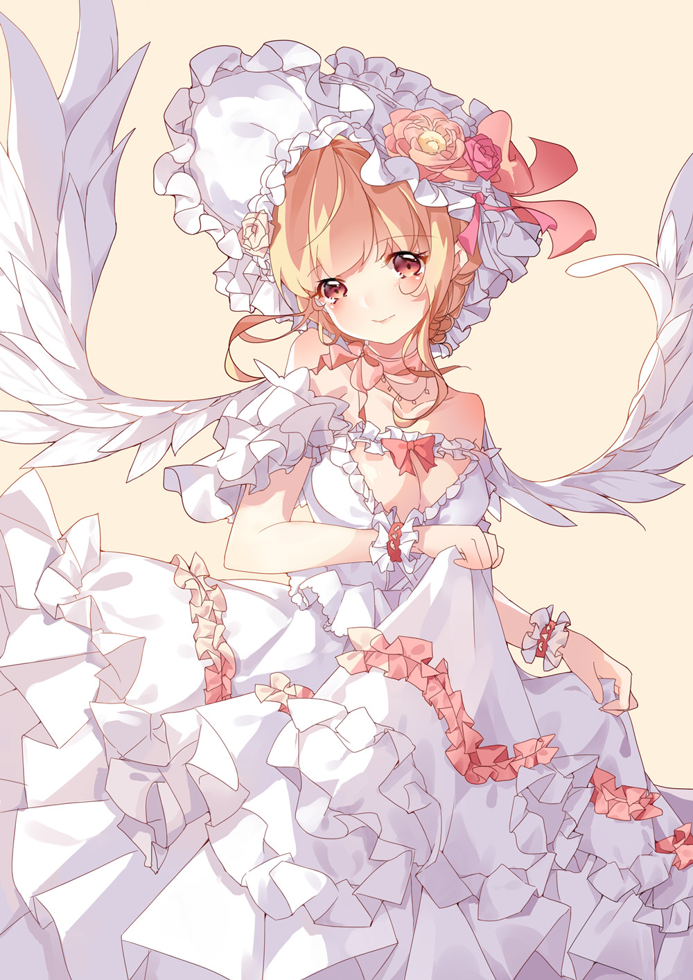 1girl blonde_hair bracelet breasts brown_eyes chinese_commentary cleavage closed_mouth clothes_lift dress dress_lift feathered_wings flower frilled_bracelet frilled_dress frilled_headwear frills hat hat_flower headdress highres jewelry large_breasts lifted_by_self long_dress looking_at_viewer medium_hair natie_(latte) necklace original rose simple_background single_bare_shoulder smile solo white_dress white_headdress white_wings wings yellow_background