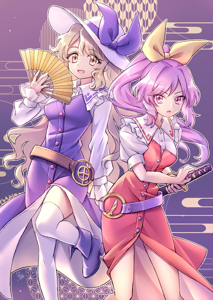 2girls belt blonde_hair boots bow bracelet buttons collared_shirt commission hair_bow hair_ribbon hand_fan hat jewelry katana long_sleeves looking_at_viewer miy_001 multiple_girls open_mouth purple_eyes purple_hair ribbon shirt short_sleeves siblings single_strap sisters skeb_commission smile sword touhou watatsuki_no_toyohime watatsuki_no_yorihime weapon yellow_eyes