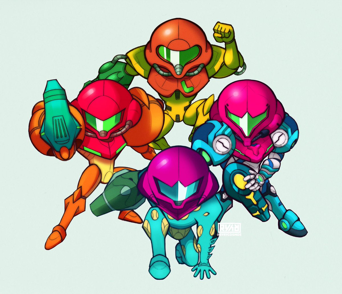 4girls arm_blade arm_cannon arm_support assault_visor commentary english_commentary full_body fusion_suit helmet kneeling looking_at_viewer metroid metroid_(classic) metroid_dread metroid_fusion multiple_girls multiple_persona power_suit power_suit_(metroid) raised_fist ryrycosmos samus_aran simple_background super_metroid varia_suit weapon