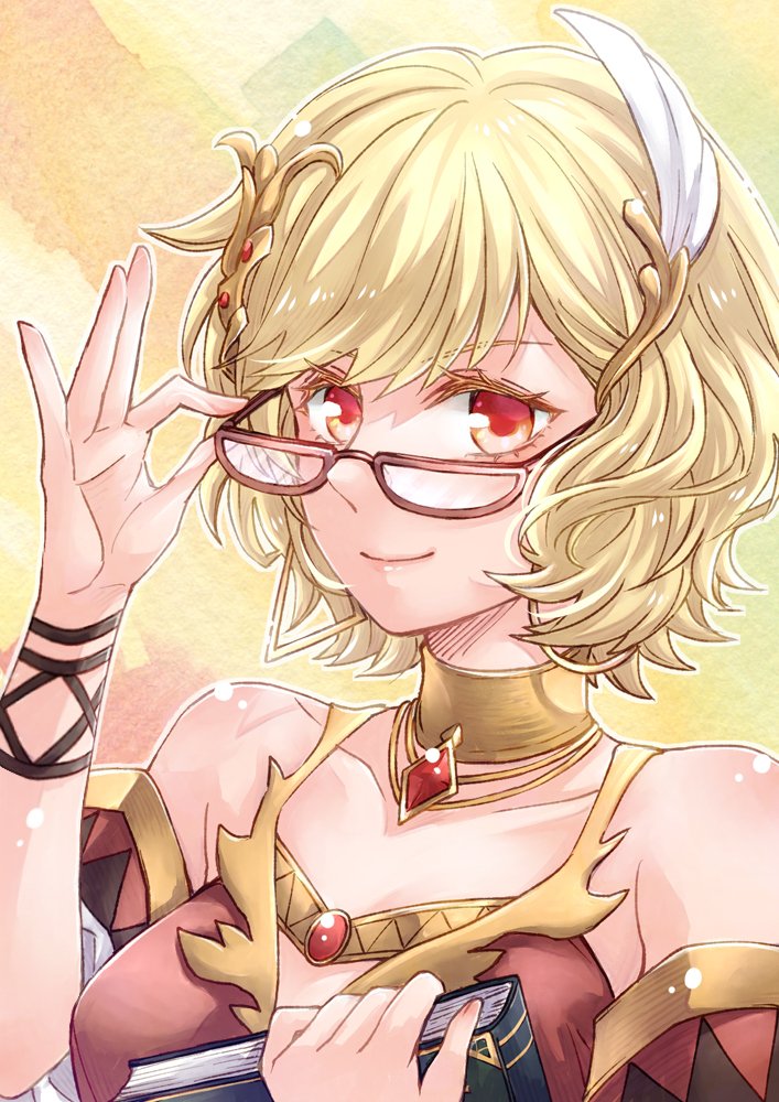 1girl blonde_hair book brown_dress citrinne_(fire_emblem) commentary_request dress earrings ebi_puri_(ebi-ebi) feathers fire_emblem fire_emblem_engage glasses gold_choker gold_trim holding holding_book hoop_earrings jewelry leather_wrist_straps mismatched_earrings red_eyes solo wing_hair_ornament