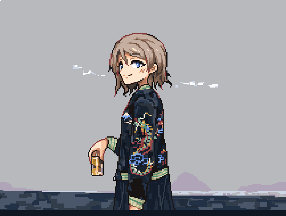 1girl blue_eyes blush brown_hair can cloud from_side gonpachi_g8 long_sleeves looking_at_viewer love_live! love_live!_sunshine!! pixel_art robe short_hair simple_background smile watanabe_you wavy_hair