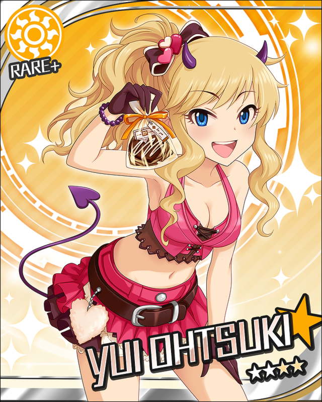 belt blonde_hair blue_eyes breasts card_(medium) character_name cleavage crop_top demon_tail food gloves hair_ornament halterneck horns idolmaster idolmaster_cinderella_girls jewelry jpeg_artifacts long_hair looking_at_viewer medium_breasts midriff navel official_art ootsuki_yui open_mouth ponytail skirt smile solo sun_(symbol) sweets tail