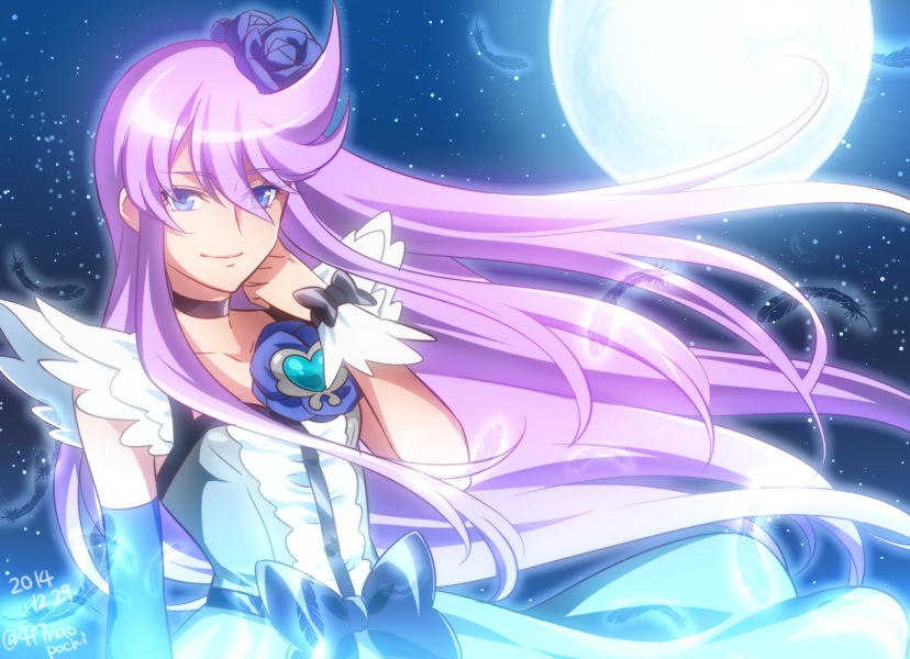 1girl 2014 blue_eyes blue_flower blue_rose bow choker cure_moonlight dated elbow_gloves feathers flower gloves hair_flower hair_ornament heart heartcatch_precure! long_hair magical_girl moon night night_sky precure purple_hair rose single_elbow_glove single_glove sky solo tsukikage_yuri very_long_hair wrist_cuffs