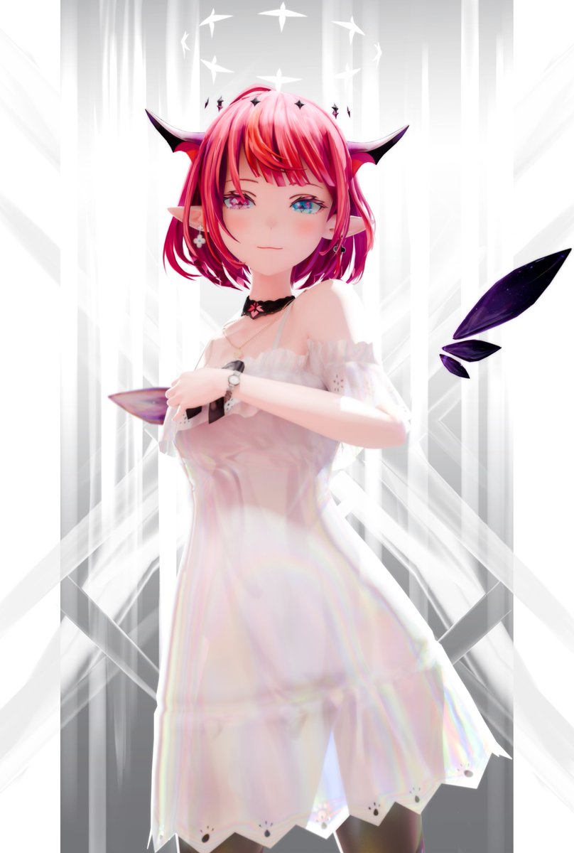 arm_up bare_shoulders black_bow black_choker black_pantyhose black_wings blue_eyes bow choker commentary cowboy_shot double_halo dress earrings halo heterochromia highres hololive hololive_english horns irys_(casualrys)_(hololive) irys_(hololive) jewelry lace_trim mismatched_earrings mismatched_wings necklace no_headwear no_jacket pantyhose pointy_ears purple_eyes red_hair see-through_silhouette short_hair sunekosurisuri symbol-only_commentary watch white_dress white_wings wings wristwatch