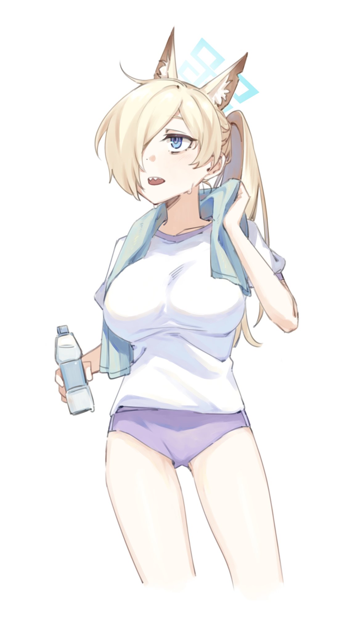 1girl alternate_costume alternate_hairstyle animal_ear_fluff animal_ears blonde_hair blue_archive blue_eyes bottle breasts buruma cropped_legs dog_ears hair_over_one_eye halo highres holding holding_towel kanna_(blue_archive) long_hair looking_to_the_side medium_breasts notched_ear ponytail sharp_teeth shirt short_sleeves solo sweat teeth tosankaku towel towel_around_neck water_bottle white_shirt