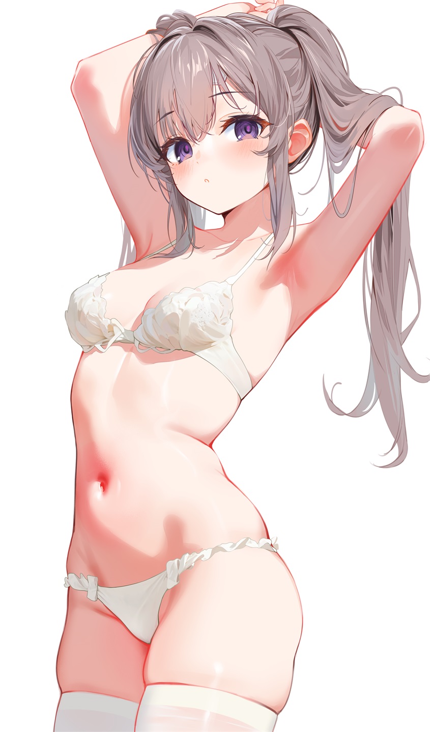 1girl armpits arms_up bandaid bandaid_on_face bandaid_on_forehead blush bra breasts collarbone gin00 grey_hair hair_between_eyes highres idolmaster idolmaster_shiny_colors long_hair looking_at_viewer navel panties purple_eyes simple_background skindentation small_breasts solo stomach thighhighs twintails underwear underwear_only white_background white_bra white_panties white_thighhighs yukoku_kiriko