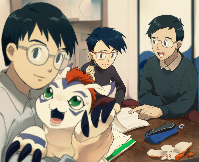 3boys brothers claws digimon gomamon green_eyes happy kido_jo kido_shin kido_shuu looking_at_another multiple_boys open_mouth red_hair siblings smile t_k_g table