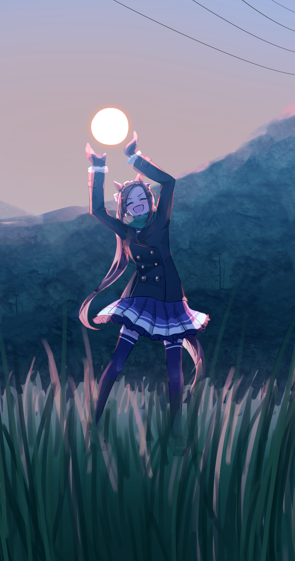 1girl ^_^ animal_ears arms_up black_jacket blush breath brown_hair buttons closed_eyes double-breasted facing_viewer field forced_perspective gloves grass highres horse_ears horse_girl horse_tail jacket long_hair long_sleeves mamare mountainous_horizon open_mouth outdoors ponytail purple_skirt purple_thighhighs sakura_bakushin_o_(umamusume) scarf skirt smile solo standing sun sunset tail thighhighs umamusume v-shaped_eyebrows