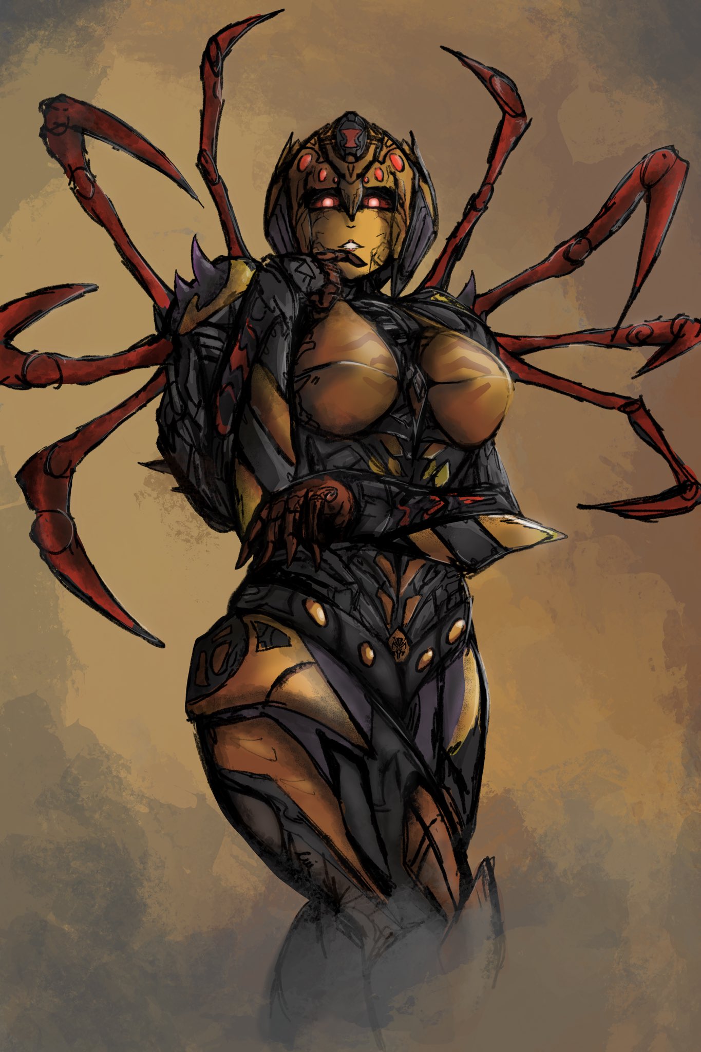 1girl arthropod_limbs beast_wars blackarachnia breasts english_commentary highres humanoid_robot medium_breasts predacon red_eyes robot robot_girl solo spikyart thighs transformers