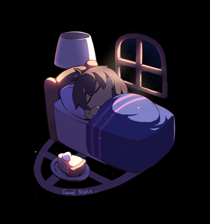 1other antenna_hair bed black_background blanket brown_hair cake cake_slice chibi closed_eyes commentary_request desk_lamp english_text food frisk_(undertale) hair_between_eyes lamp lari-lab lying on_side pillow plate shadow short_hair simple_background sleeping solo undertale window