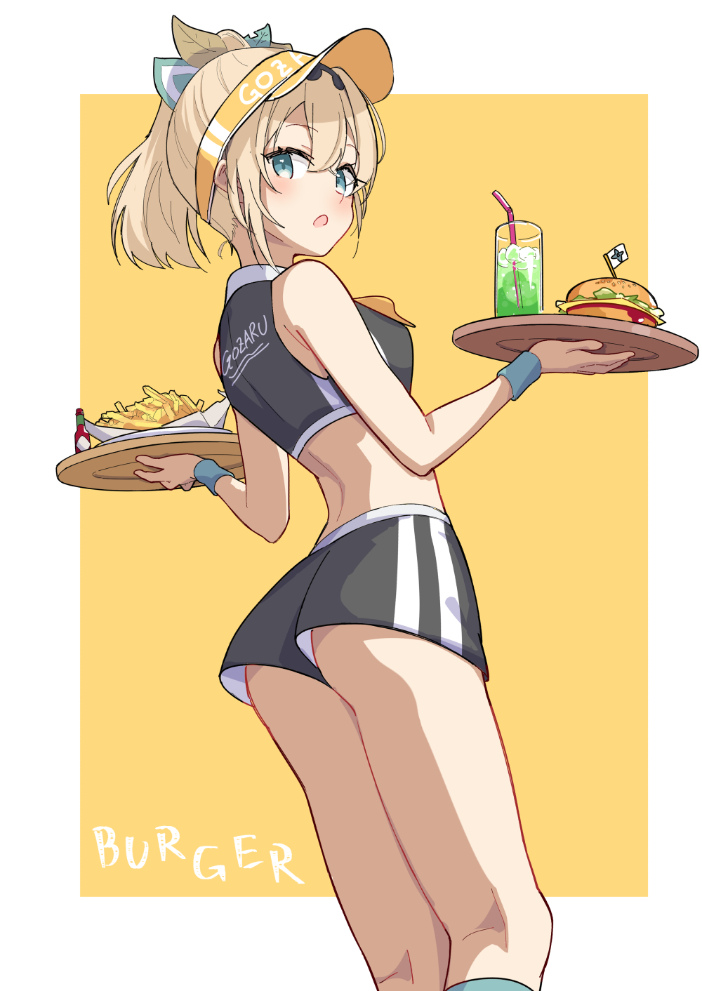 1girl :o alternate_costume aqua_socks ass bare_shoulders black_shirt black_shorts blonde_hair blush border brat_(brabrabrat00) breasts burger clothes_writing commentary crop_top cup double-parted_bangs double_vertical_stripe drinking_glass drinking_straw english_text feet_out_of_frame food french_fries green_eyes hair_between_eyes hair_ornament highres holding holding_tray hololive hot_sauce kazama_iroha leaf_hair_ornament looking_at_viewer medium_breasts melon_soda open_mouth outside_border panties_visible_through_clothes ponytail romaji_text shirt short_shorts shorts sleeveless sleeveless_shirt socks solo standing symbol-only_commentary thighs tray turning_head virtual_youtuber visor_cap waitress white_border wristband yellow_background yellow_headwear
