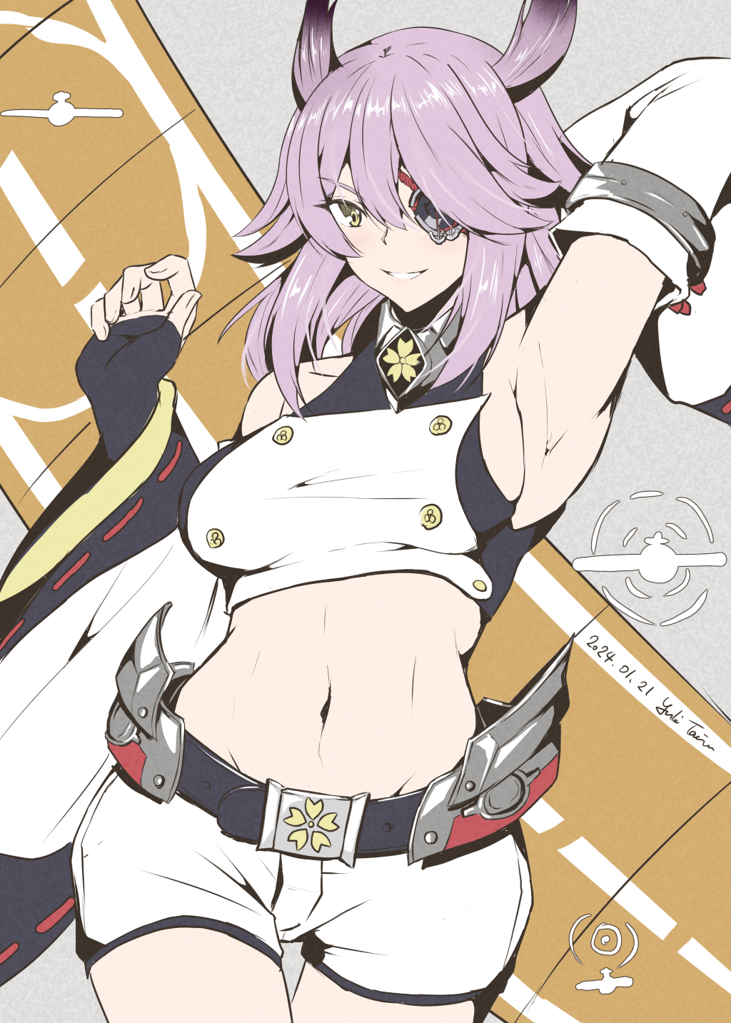 1girl arm_behind_head arm_up armpits azur_lane bare_shoulders black_gloves breasts buttons cowboy_shot crop_top cropped_shirt dated detached_sleeves eyepatch fingerless_gloves flight_deck gloves groin hair_between_eyes highres hiyou_(azur_lane) looking_at_viewer medium_breasts medium_hair midriff navel parted_lips purple_hair ribbon-trimmed_sleeves ribbon_trim shirt shorts signature smile solo stomach swept_bangs taira_yuuki white_shirt white_shorts wide_sleeves yellow_eyes