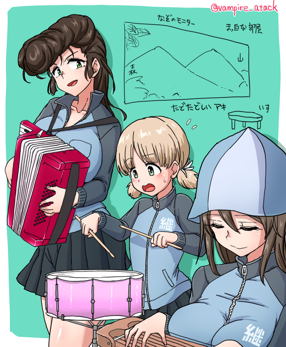 3girls accordion aki_(girls_und_panzer) blue_headwear brown_hair closed_eyes closed_mouth commentary drumsticks flying_sweatdrops frown futaba_yodoyume girls_und_panzer green_eyes hat highres holding holding_drumsticks holding_instrument instrument kantele keizoku_military_uniform light_brown_hair long_hair looking_at_viewer low_twintails mika_(girls_und_panzer) multiple_girls music playing_instrument pompadour short_hair short_twintails smile snare_drum standing sweatdrop tulip_hat twintails twitter_username yuri_(girls_und_panzer)