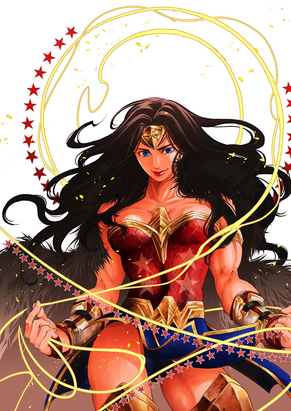 1girl armor black_coat black_hair blue_eyes coat commentary_request cowboy_shot dc_comics floating_hair fur_coat highres lasso_of_truth long_hair looking_to_the_side muscular muscular_female red_lips second-party_source smile solo teshirogi_shiori white_background wonder_woman wonder_woman_(series)