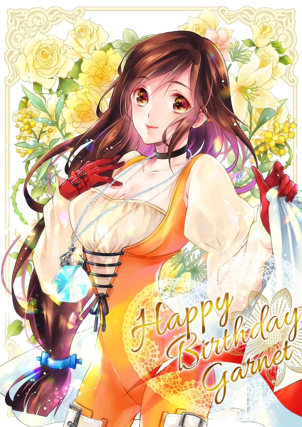 1girl black_choker black_hair bodysuit breasts brown_eyes brown_hair character_name choker closed_mouth collarbone commentary_request cowboy_shot final_fantasy final_fantasy_ix floral_background garnet_til_alexandros_xvii gloves happy_birthday highres jewelry juliet_sleeves long_hair long_sleeves looking_at_viewer low-tied_long_hair medium_breasts orange_bodysuit pendant puffy_sleeves quichi_91 red_gloves shirt smile solo swept_bangs very_long_hair white_shirt