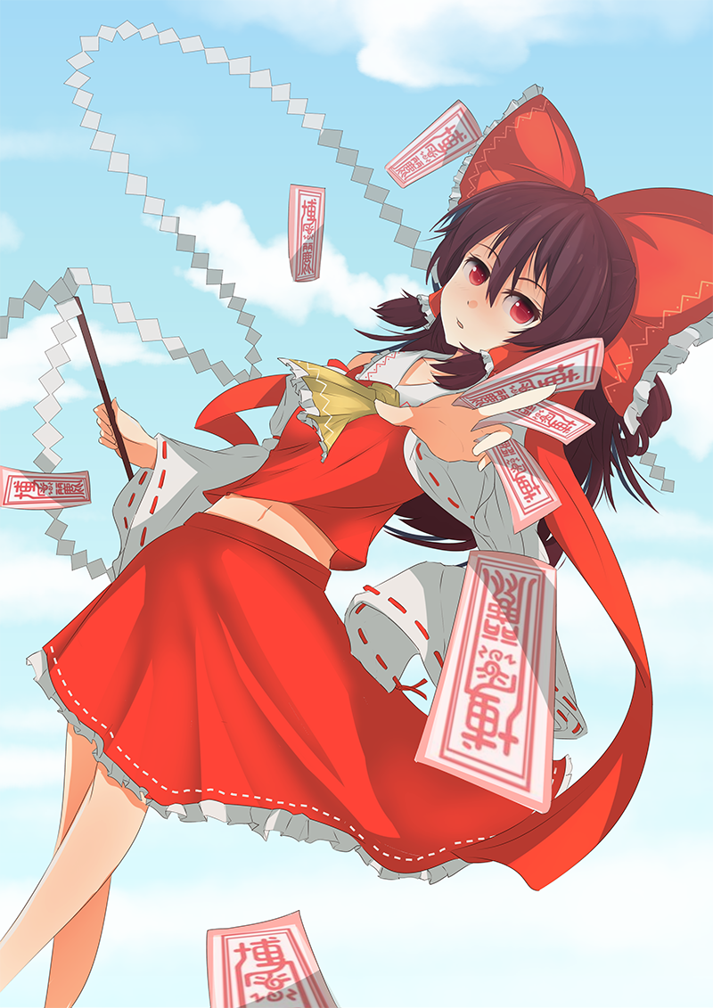 ascot bad_id bad_pixiv_id between_fingers blue_sky bow brown_hair cloud day detached_sleeves frilled_bow frilled_shirt_collar frills gohei hair_bow hair_tubes hakurei_reimu legs long_hair looking_at_viewer midriff navel parted_lips ponytail red_eyes red_skirt ribbon-trimmed_skirt ribbon-trimmed_sleeves ribbon_trim salian skirt sky solo talisman touhou