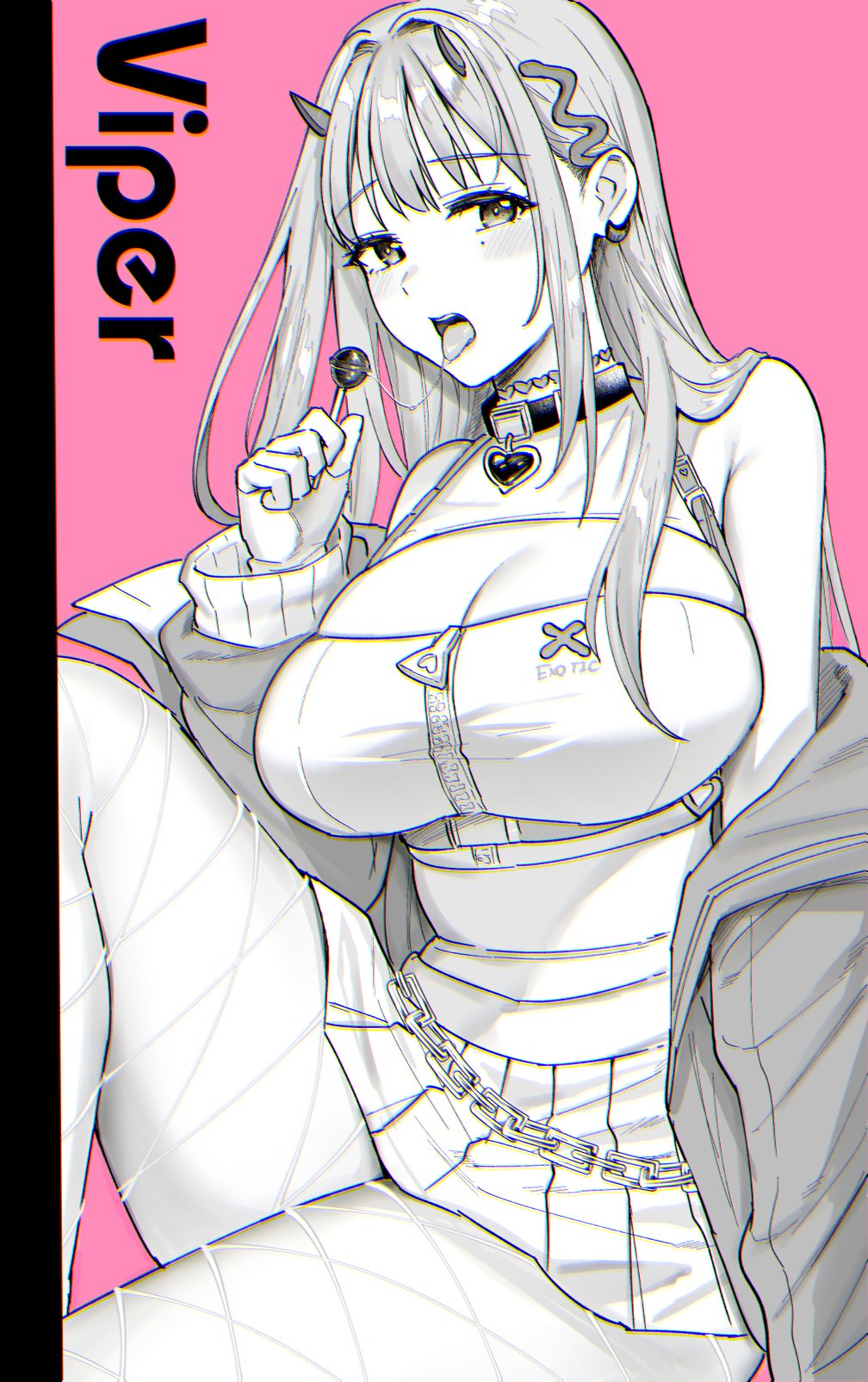amearare breasts candy chain character_name choker crop_top fishnets food goddess_of_victory:_nikke greyscale hair_ornament highres horns lollipop long_hair mole mole_under_eye monochrome pink_background saliva saliva_trail simple_background skirt thick_thighs thighs viper_(nikke)